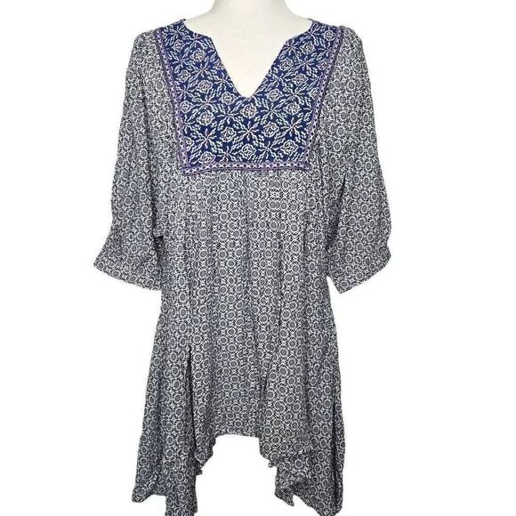 Umgee Tops - Umgee Boho Sharkbite Hem Tunic Top Oversized Size Small